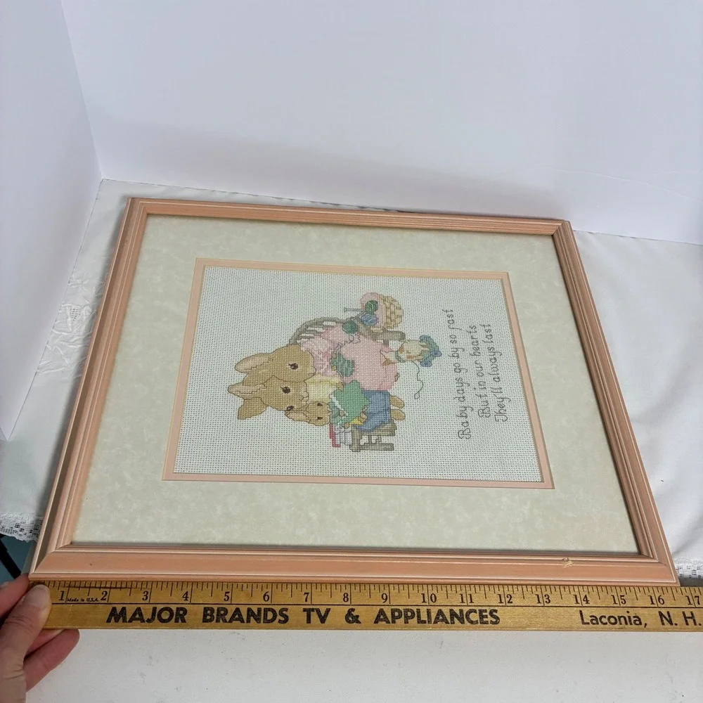 Handmade Framed Cross Stitch Nursery Art Bunny Family Baby Days Poem Cottage